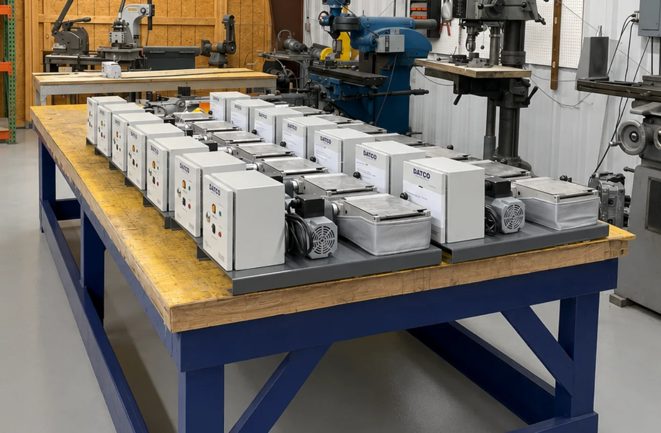A row of finished DATCO glue applicators lined up on a workbench in the Tennessee machine shop, with mills, drill presses, and a lathe in the background